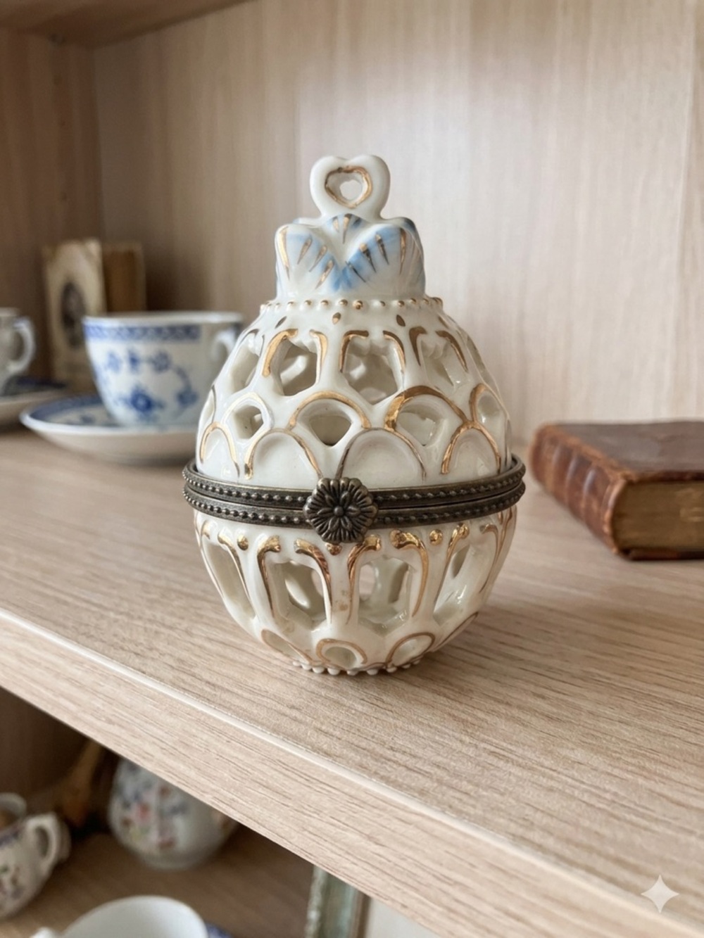 Vintage Porcelain Reticulated Egg Trinket Box Gold Gilt Hinged Lace Design